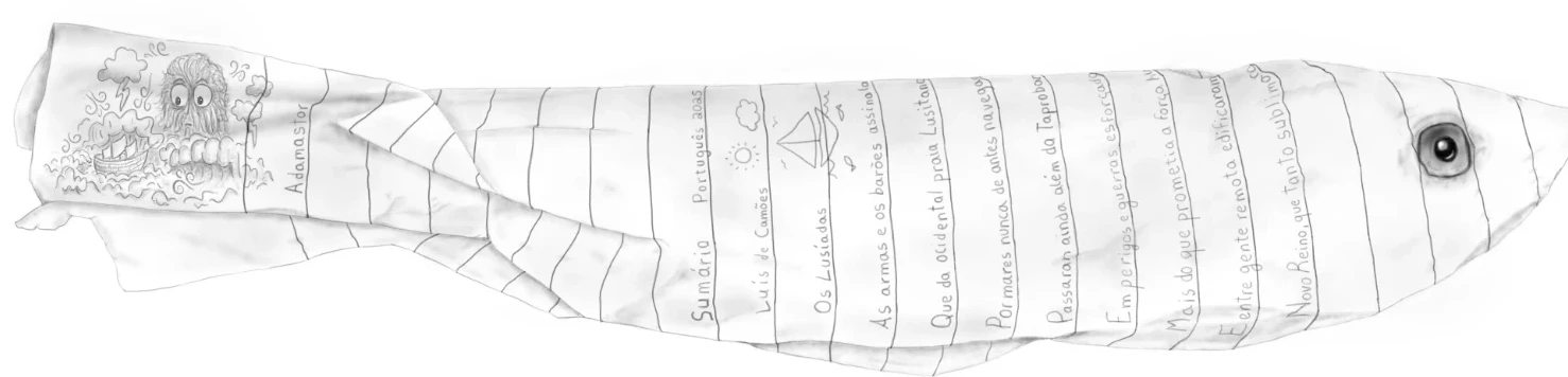 A sardine formed from a handwritten page of Camões' Os Lusíadas, with the giant Adamastor in its tail